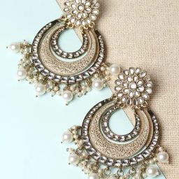 Karatcart Gold Plated Light Grey Meena Kundan Chandbali Earrings for Women-20