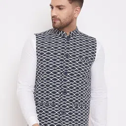 even Men Navy Blue & White Woven Design Nehru Jacket-image-63