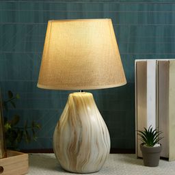 TAYHAA Beige & White Ceramic Industrial Frustum Shaped Table Lamp-58