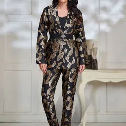 MOJILAA Woven Designed Notched Lapel Collar Blazer With Crop Top & Trousers Co-Ords Set-picture-17