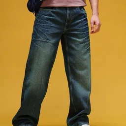 HERE&NOW Men Mid-Rise Acid Wash Crinkled Light Fade Pure Cotton Baggy Fit Jeans-picture-24