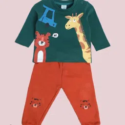 MINIKLUB Kids Green & Brown Printed Full Sleeves T-Shirt with Pants-image-55