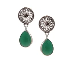 Bamboo Tree Jewels Green & Silver-Toned Dome Shaped Handcrafted Drop Earrings-5