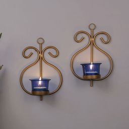 Homesake Set of 2 Gold-Toned & Blue Candle Holders With Candles-19