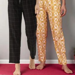 Kryptic Mustard & Black Cotton Relaxed Fit Printed Lounge Pants - Pack of 2-image-92