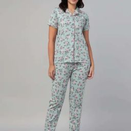Clovia Green Cotton Regular Fit Floral Print Night Suit-image-56