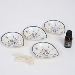 Fabindia Lavanya 4 Pieces Blue & White Printed Ceramic Diya Gift Set-image-42