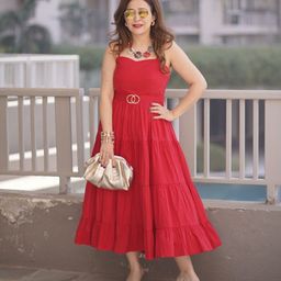 KIZI Women Shoulder Straps Tiered Cotton Fit & Flare Midi Dress-picture-3