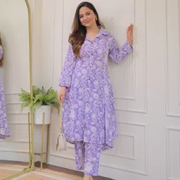 SIJOPA Floral Printed Shirt Collar A-Line Kurta With Palazzo-image-19