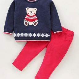 ToffyHouse Full Sleeves  Sweater & Corduroy Pant Teddy Bear Design - Navy Blue Red-image-12