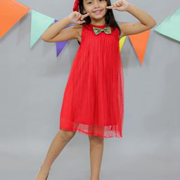 KIDSDEW Sleeveless Sequin Bow Detailed Glitter Net Pleated A Line Dress - Red-image-99