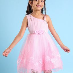 Babyhug Woven Sleeveless Party Dress with Floral Corsage & Embroidery - Light Pink-image-28