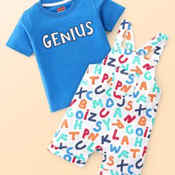 Babyhug Single Jersey Cotton Knit Dungaree with Half Sleeves Inner Tee Jungle Alphabet Print - Multicolour-image-92