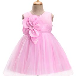 Babyhug Sleeveless Party Frock with Floral Applique - Pink-image-0