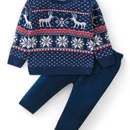 Babyhug Knitted Full Sleeves Sweater Set with Reindeer Design - Navy-image-23
