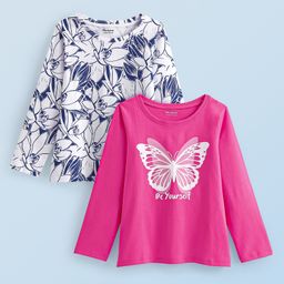 Honeyhap 100% Cotton Floral & Butterfly Printed T-Shirts with Bio Finish Pack of 2 - Fandango Pink & Bright White-image-89