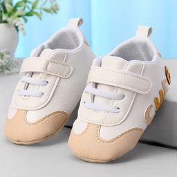 Cute Walk by Babyhug Colour Blocked Velcro Closure Booties With Text Embroidery - Beige-image-97