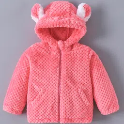 Kookie Kids Full Sleeves Hooded Winter Fur Jacket With Quilted Design & Ears Applique - Pink-picture-30