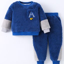 Kookie Kids Full Sleeves Cut & SewWinter Wear Sweatshirt & Lounge Pant Set with Rocket Embroidery -Blue-image-107