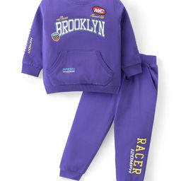 Babyhug Cotton Knit Full Sleeves T-Shirt & Lounge Pants Set With Kangaroo Pockets & Text Print - Purple-image-66