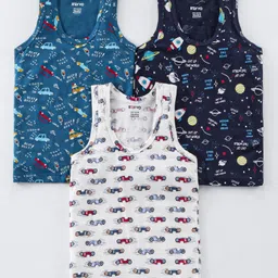Revvo Junior Cotton Knit Sleeveless Vests With Space Theme Print Pack of 3 - Teal Blue Black & White-picture-24
