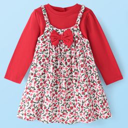 Babyhug Viscose Woven Floral Printed Frock With Full Sleeves Solid Inner Tee - Red & White-image-85