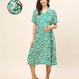 MomToBe Rayon Half Bell Sleeves Floral Printed Maternity Dress With Nursing Access - Green-picture-45