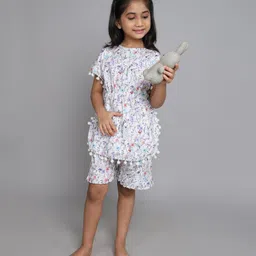 Little Clothing Cotton Woven Bat Wing Half Sleeves Floral Printed & Pompom Lace Detailed Kaftan Top & Coordinating Shorts Set - Cream-picture-41