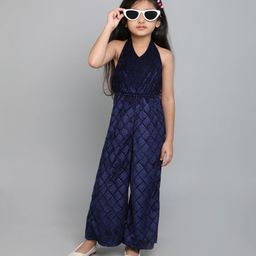 Taffykids Velvet Sleeveless Stone Embellished & Abstract Printed Jumpsuit - Navy Blue-image-95