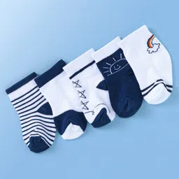 Doodle Poodle Cotton Knit Ankle Length Sky & Stripes Printed SocksPack of 5 - Bright White & Navy Blue-picture-32