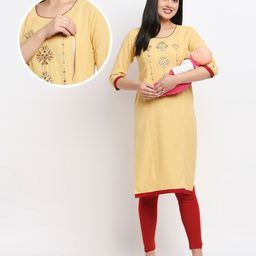 True Shape Three Fourth Sleeves Geometric Embroidered Maternity Kurta With Concealed Zipper Nursing Access - Light Yellow-image-0