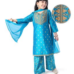 EARTHY TOUCHViscoseWoven Three Fourth Sleeves Embroidered & Foil Print Kurta Pallazo Set With Dupatta - Blue-image-1