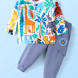 Babyhug Terry Knit Full Sleeves T-Shirt & Lounge Pant Set With Animal Print & Patch - White & Light Blue-image-2
