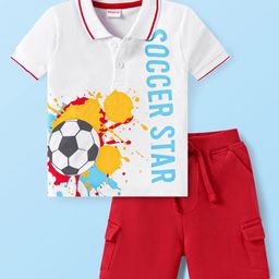 Babyhug Single Jersey Knit Half Sleeves Collar T-Shirt & Shorts Set With Soccer Star Text Print - Red & White-image-34