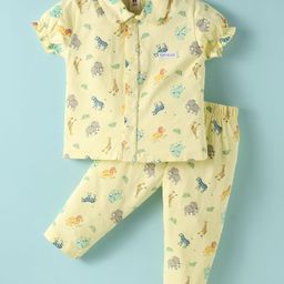 ToffyHouse Cotton Knit Half Sleeves Co-Ord Night Suit With Animal Print - Lemon Yellow-image-22