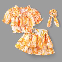 OLLINGTON ST. Woven Half Puffed Sleeves Tropical Theme Printed Co-ords Top & Skirt Set with Scrunchie - Multicolor-image-2