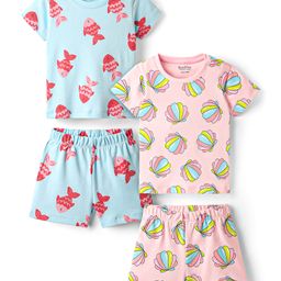 Bonfino 100% Cotton Knit Half Sleeves Co-ords Shorts Night Wear With Sea Life Theme Pack Of 2 - Blue & Pink-image-22