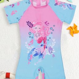 PASSION PETALS Lycra Half Sleeves Mermaid Printed Swimsuit - Light Blue & Pink-image-79