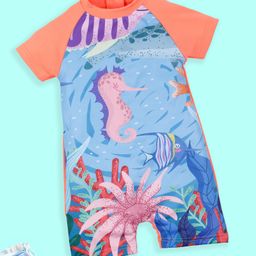 Kiddopanti Half Raglan Sleeves Sea Life Printed Swimsuit - Neon Coral-picture-7