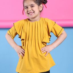 BaawRi Cotton Lycra Knit Half Sleeves Frill Detailed Solid Top - Mustard-image-63