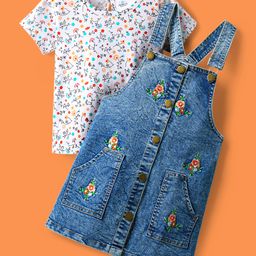 OLLINGTON ST. Single Jersey Knit Half Sleeves Inner Top & Stretchable Denim Pinafore With Floral Print & Embroidery - White & Indigo-image-96