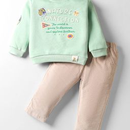 ToffyHouse Fleece Knit Full Sleeves Winter Wear Suit Set with Text & Animal Print - Pistachio Green & Beige-picture-38