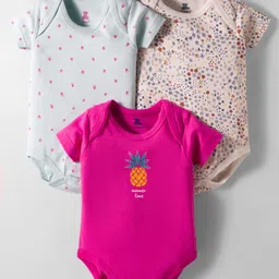 I Bears Interlock Knit Half Sleeves Onesies with Pineapple & Floral Print Pack of 3 - Dark Pink Light Blue & Cream-picture-41