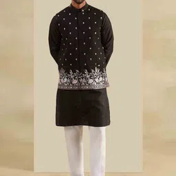 SOJANYA Geometric Embroidered Band Collar Straight Kurta With Pyjama & Nehru Jacket-image-91