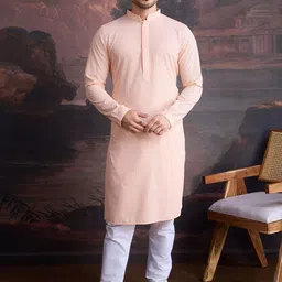 House of Pataudi Floral Embroidered Mandarin Collar Chikankari Straight Kurta With Pyjamas-image-44