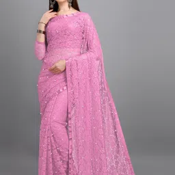 LOROFY Floral Beads and Stones Net Saree-picture-18