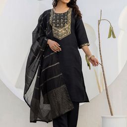 SKYLEE Floral Woven Design Round Neck Straight Kurta With Trousers & Dupatta-40