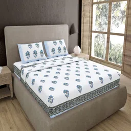 JAIPUR FABRIC White Floral Printed Pure Cotton 400 TC King Bedsheet Set2.74 m X 2.74 m-78