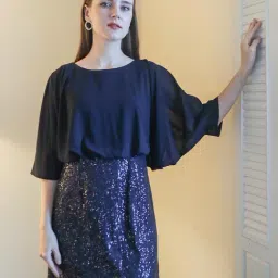 Zink London Navy Embellished A Line Dress-image-50