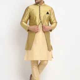 Benstoke Men Gold-Coloured & Beige Self-Design Sherwani Set-picture-3